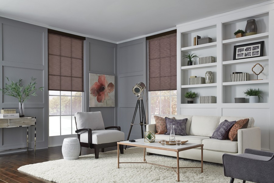 living room with chair, couch and coffee table in front of two windows with partially lowered motorized shades
