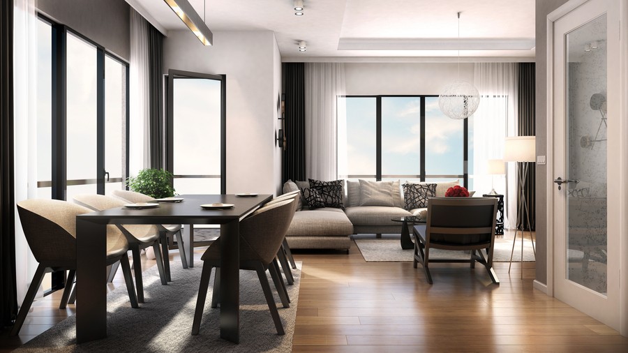 an open-concept dining room and living area with hanging pendant and ceiling lighting fixtures.